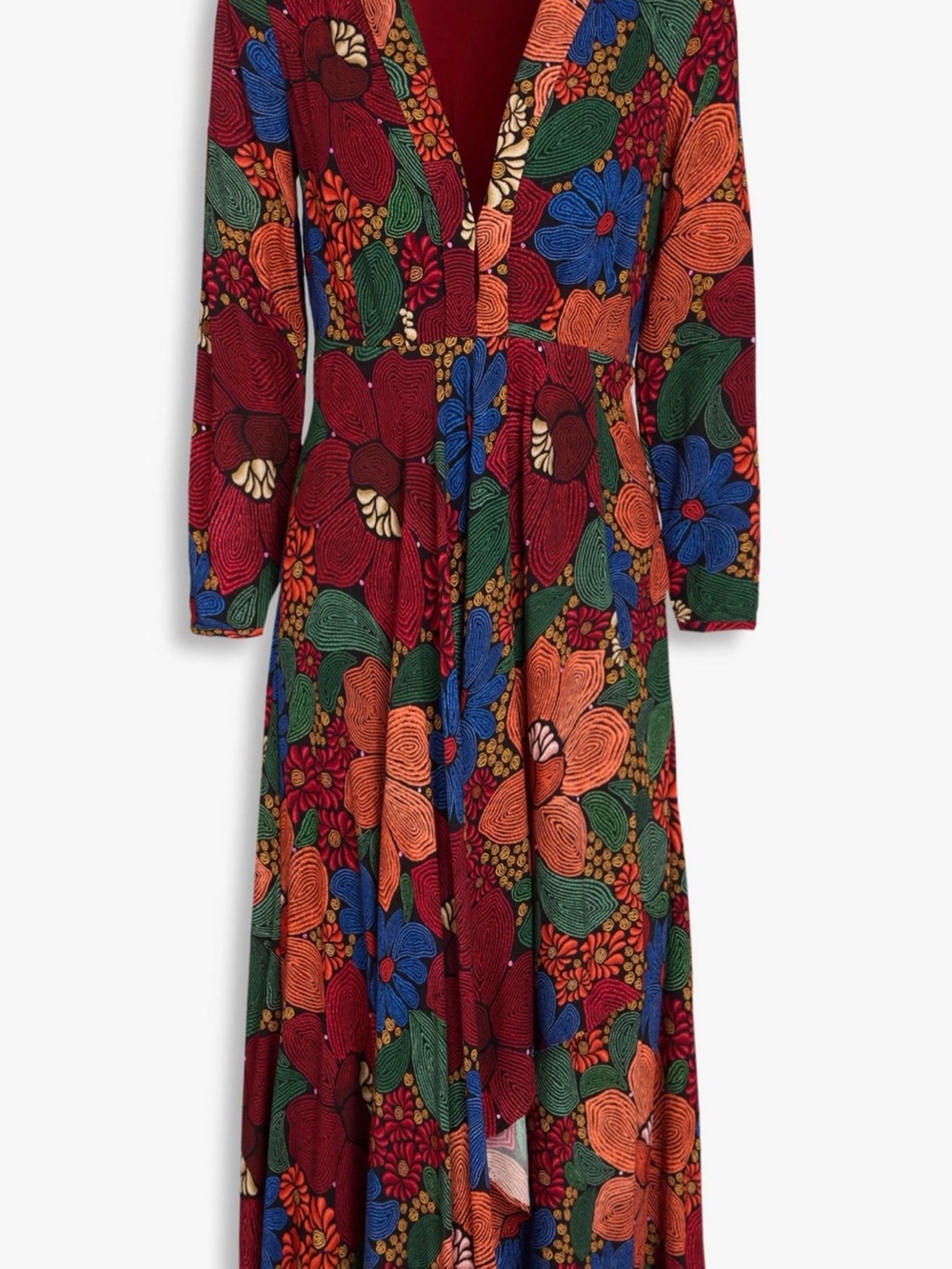 FARM Rio Red Multi Floral V‑Neck Long Sleeve Maxi Dress